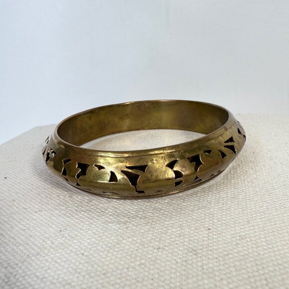 Brass Cutout Floral Bangle Bracelet Layers Gold-Tone Funky Stackable Boho Chunky - Picture 8 of 8